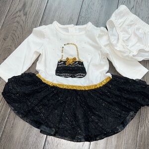 Long sleeve black lace w/ shimmery gold tutu dress w/ matching diaper cover